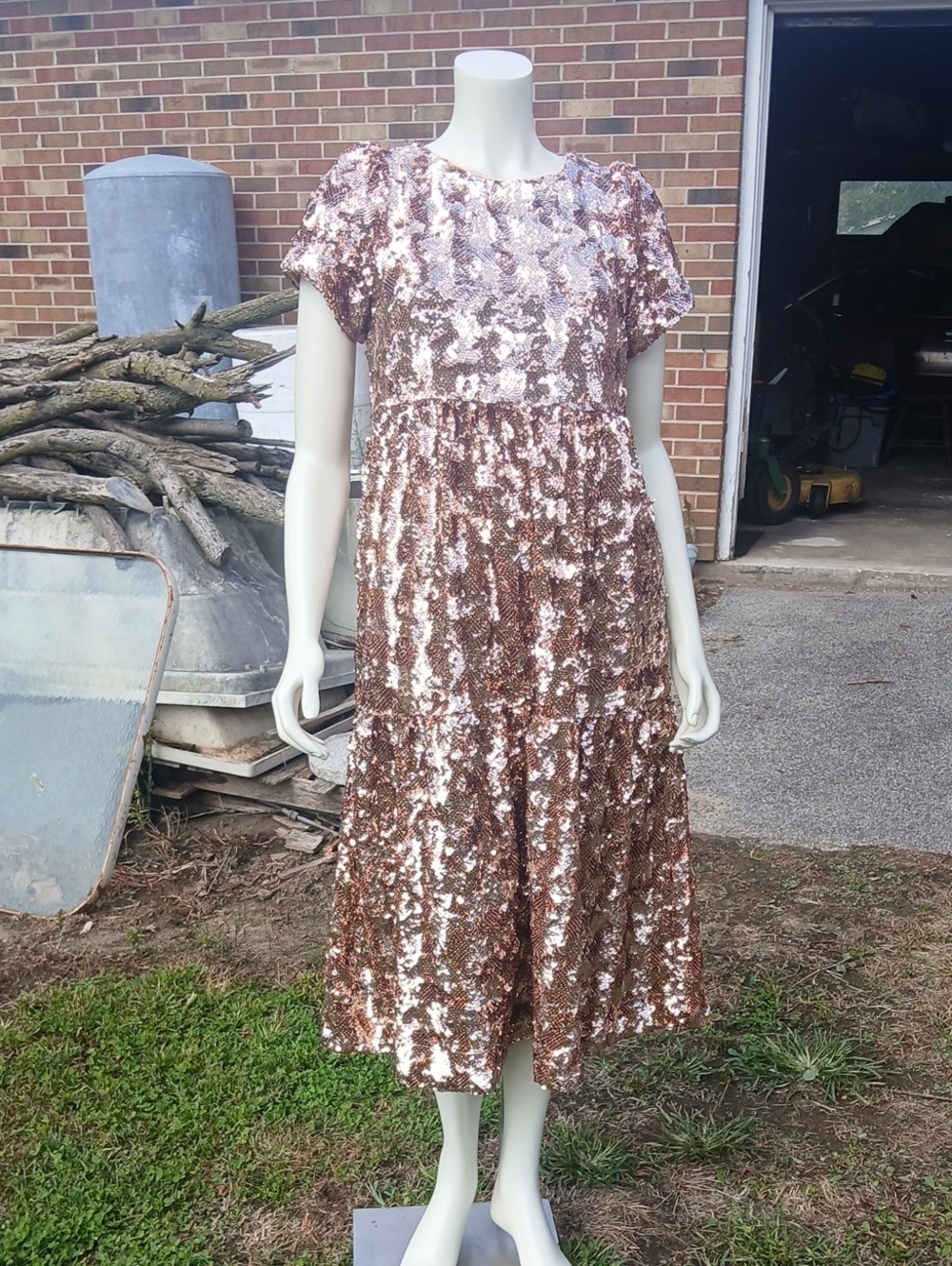 Maeve Anthropology Full Sequin Tiered Midi Dress in Rose Gold - Women